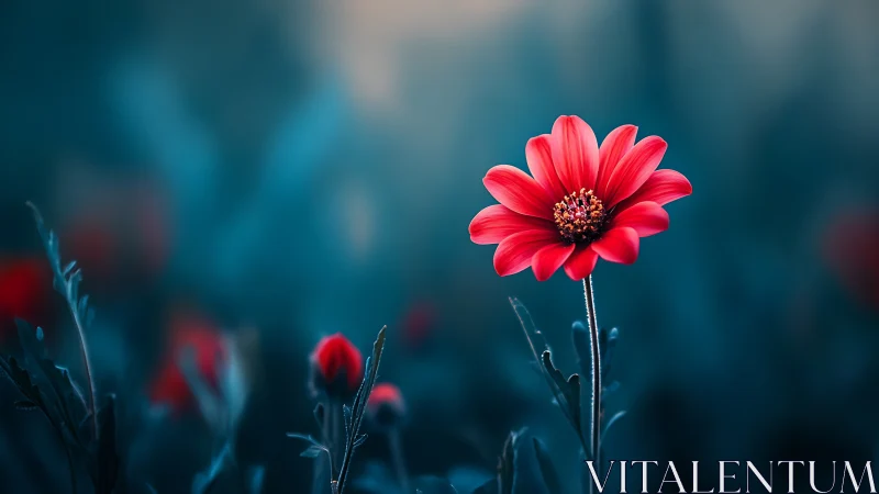 Vibrant Red Gerbera Bloom Against Dreamy Teal Background