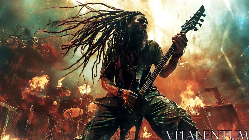 Metal guitarist onstage amid pyrotechnic fire and amplifiers