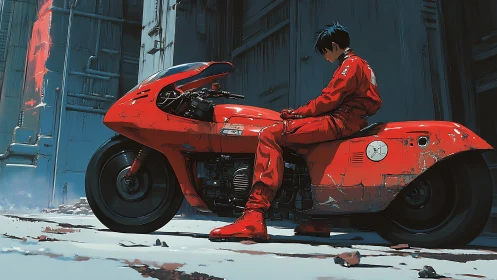 Cyberpunk rider on weathered red hoverbike in industrial alley