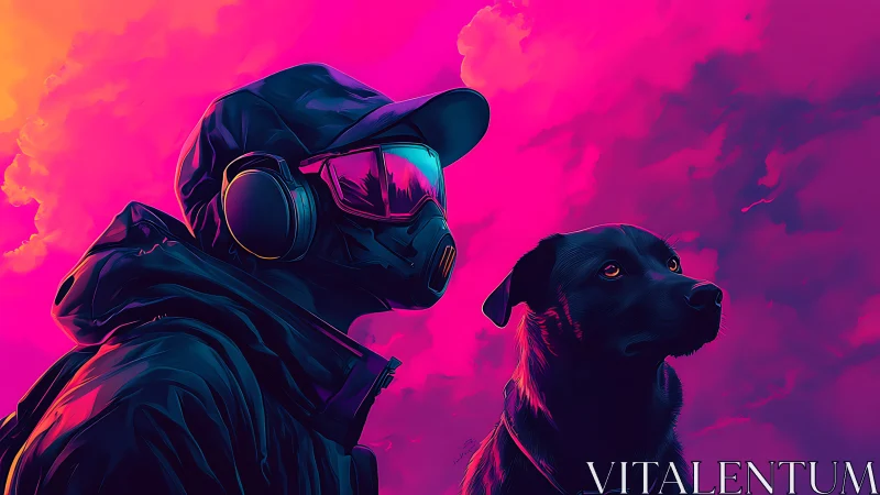 Hooded figure and dog under neon pink sky at dusk.