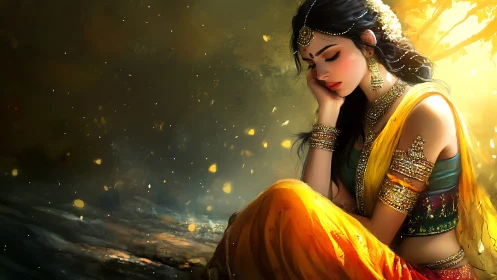 Golden dusk reverie of a jeweled, sari-clad dreamer.