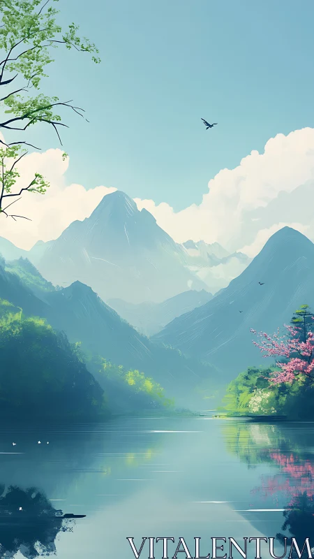 Peaceful mountain lake wrapped in soft morning light.