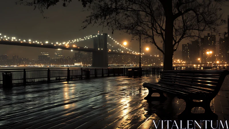 Nocturnal riverside promenade with illuminated suspension bridge.