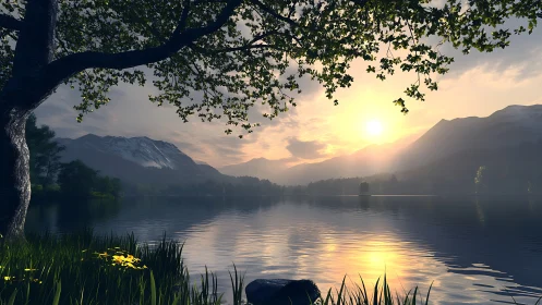 Sunlit mountain lake is rendered with reflective water surface