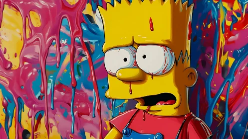 Cartoon troublemaker shocked amid dripping neon chaos.