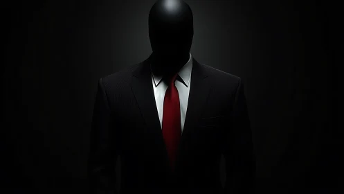 Faceless suited figure stands in low key directional lighting