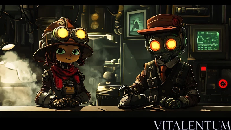 Steampunk inventors confer in a dimly lit gadget workshop.