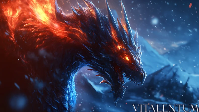 Embercrowned ice dragon roaring across a blizzard night.