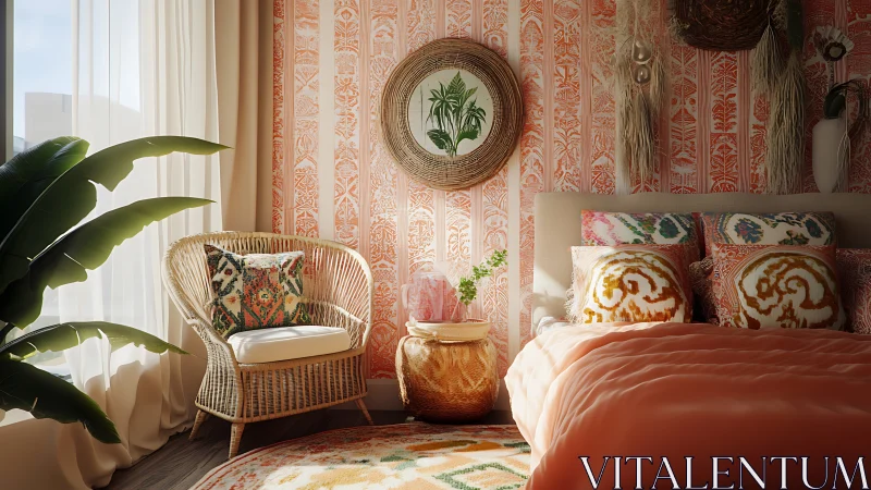 Sunlit coral bedroom stages a boho daydream in woven warmth