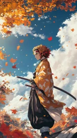 Samurai warrior stands under blazing autumn sky, poised.