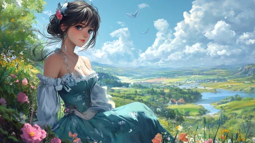 Anime girl in teal dress sitting in bright country meadow.