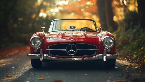 Red classic Mercedes roadster on autumn forest lane.