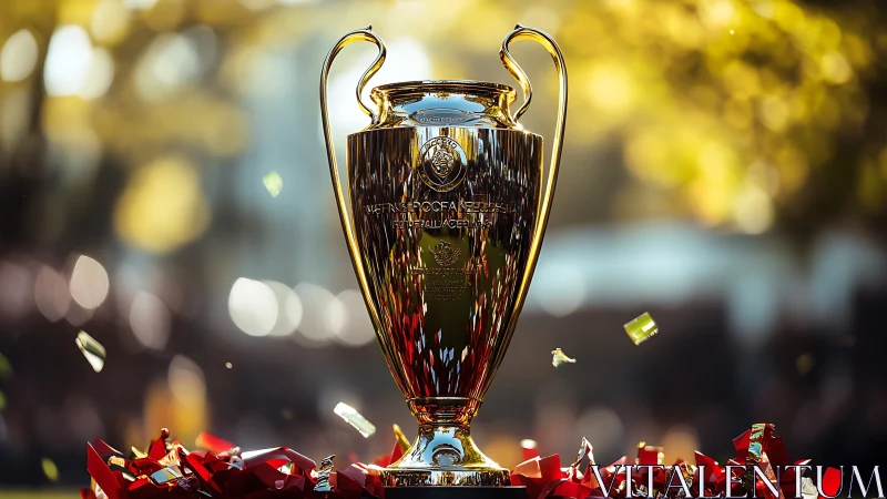 Golden champions cup crowned in drifting sunset confetti.