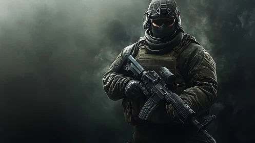 Calm tactical guardian standing in swirling battlefield smoke.