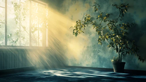 Sun-drunk potted tree bathing in cathedral-bright windowlight.