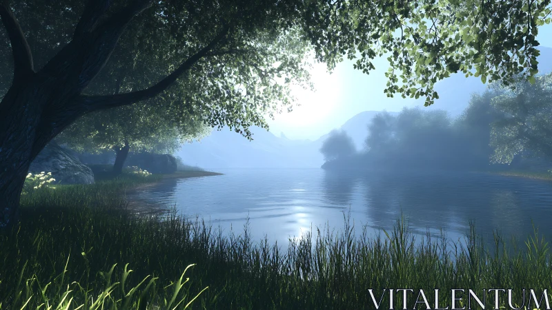 Sunlit lakeside landscape with trees and reflective water.