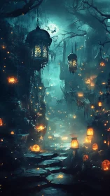 Foggy lantern path through dark fantasy forest at night.