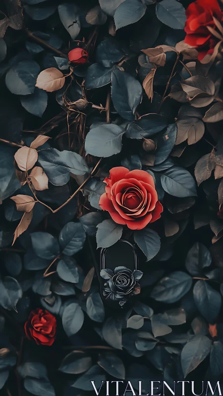 Red roses with silvered foliage arranged in moody botanical composition.