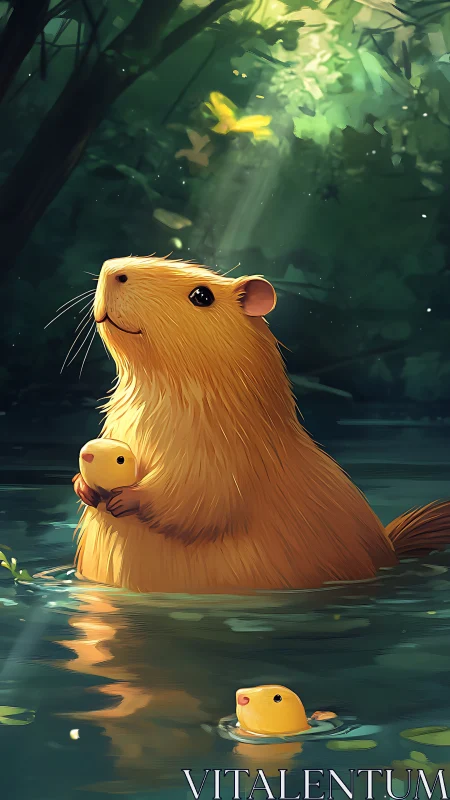 Gentle capybara parent cradling pups in dappled forest pool.