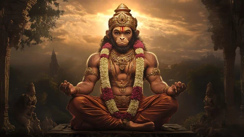Radiant simian deity in meditative temple sunset glow.