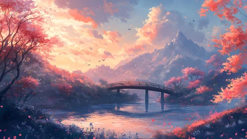 Chromatic mountain bridge across reflective autumn river.