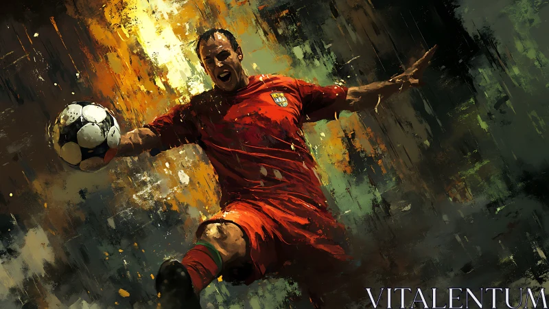 Dynamic soccer striker in motion with abstract brushwork.