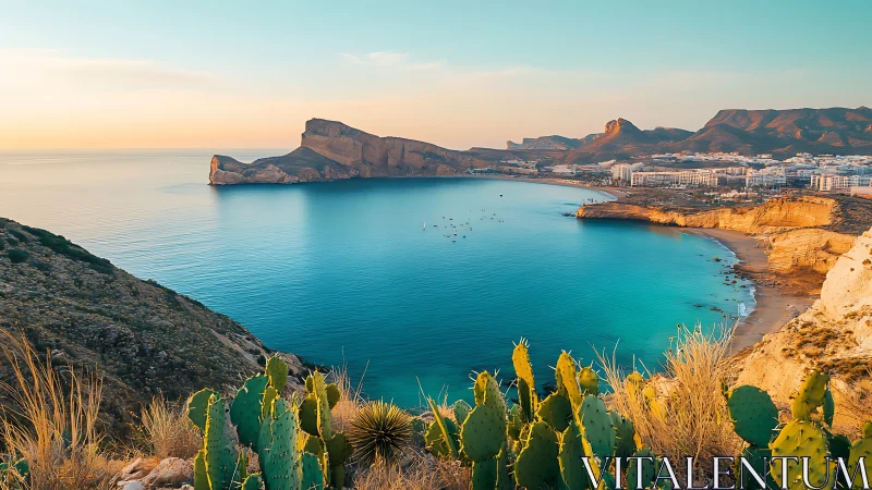 Sunlit turquoise bay with coastal cliffs and cactus foreground.