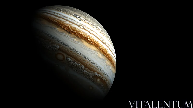Warm swirling portrait of Jupiter against quiet space.