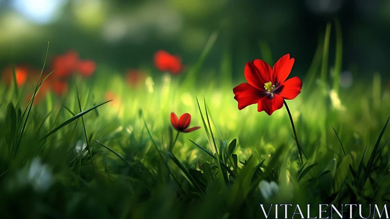 Red flowers in grass with selective focus effect.