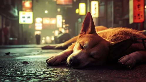 Stray dog sleeps on wet neon alley street at night