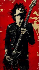 Electric guitarist throws head back in raw rock ecstasy.