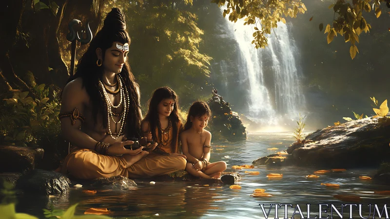 Tranquil riverside family moment beneath soft waterfall light.