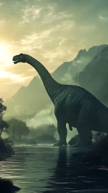 Dawnlit sauropod wading through misty primeval river valley.