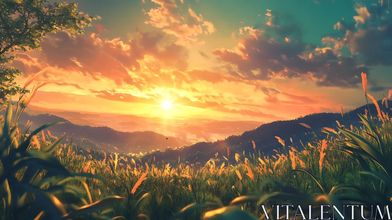 Digital painting sunrise over lush valley grasslands panorama.