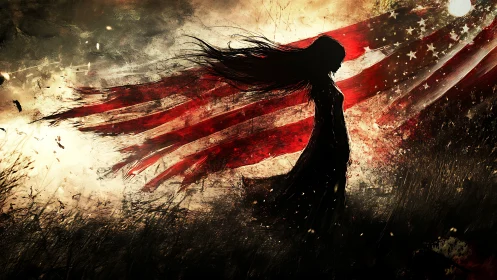 Storm-swept silhouette walking beneath a torn burning flag.
