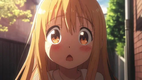 Surprised anime girl with long hair in sunlit alley.