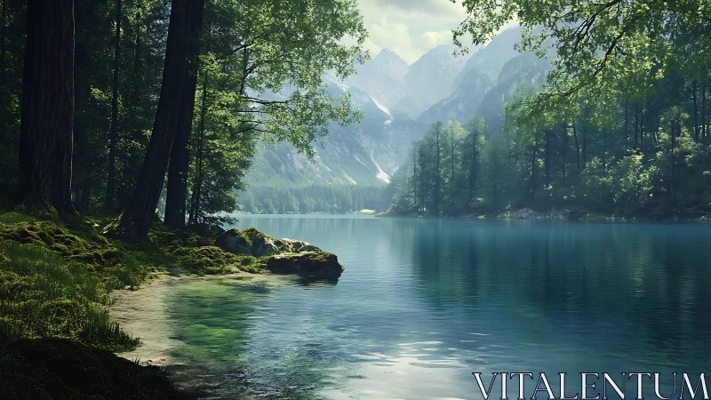 Forest lake panorama beneath distant mountain peaks.