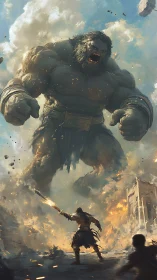 Giant humanoid creature confronting armed warrior in ruins.