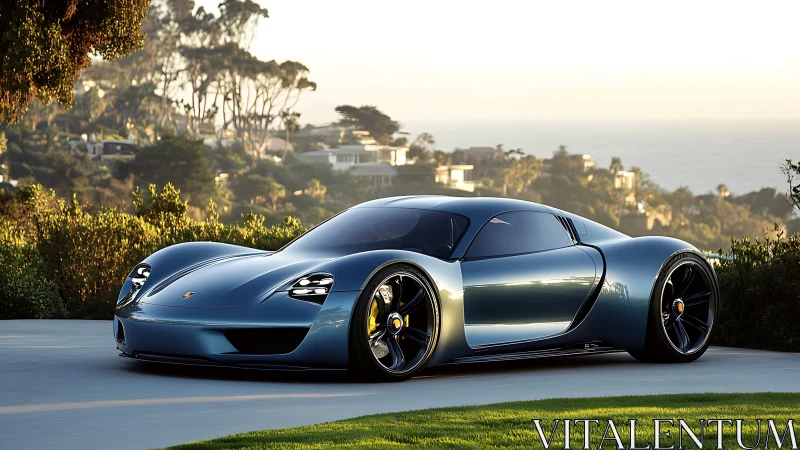 Futuristic blue supercar on coastal hillside driveway at dusk.