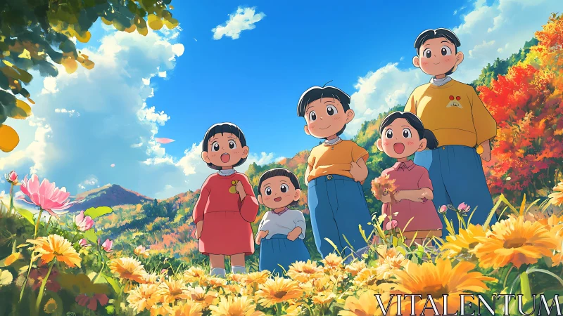 Sunny hillside family portrait amid vivid wildflowers.