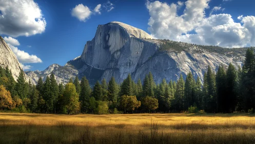 Granite peak towers above golden meadow under vivid sky