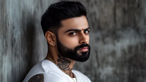 Bearded man with tattoos poses against textured concrete wall