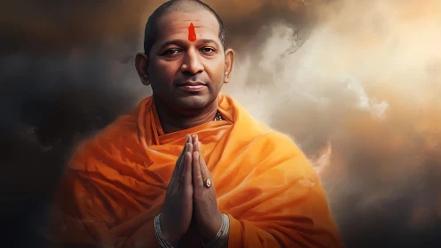 Serene spiritual monk bows in prayerful, golden light