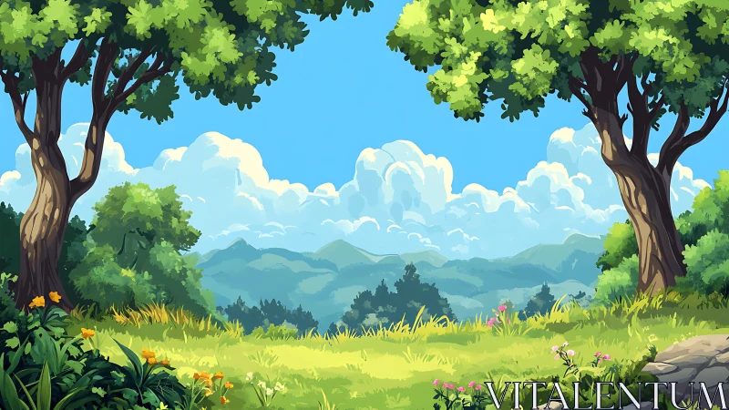 Serene Valley Framed by Ancient Trees and Mountains