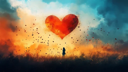 Solitary Figure Beneath Floating Heart Against Luminous Sky.