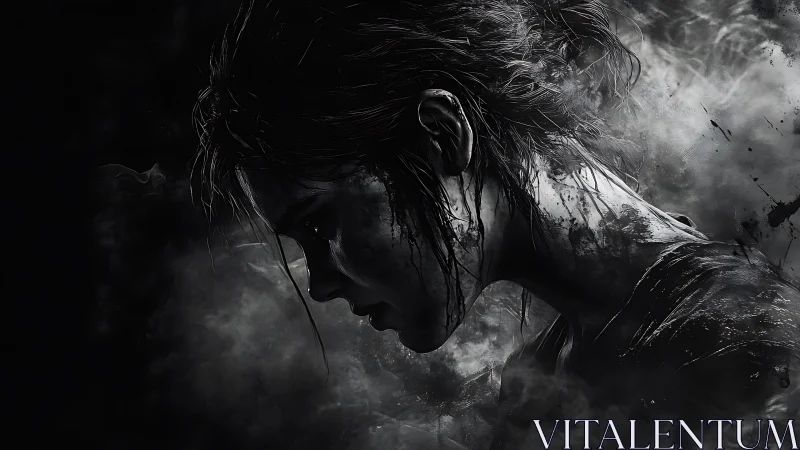 Side profile of young woman in dark monochrome smoke