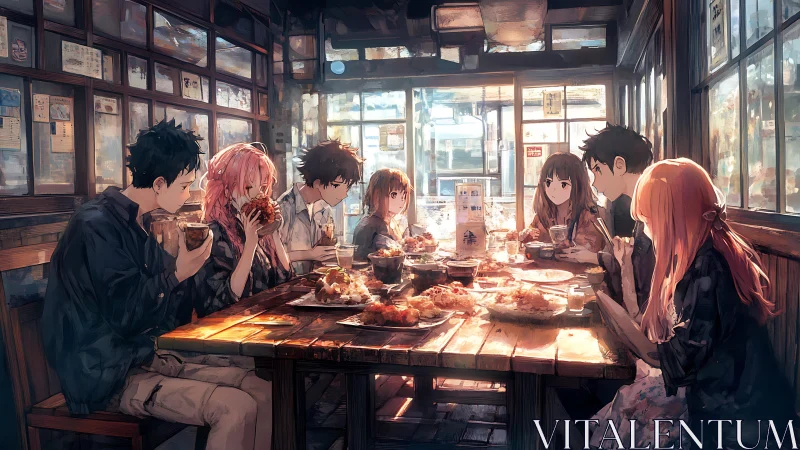 Multi-character anime café tableau under warm diffuse lighting.