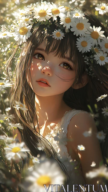 Sunlit girl in daisies with luminous floral crown portrait.