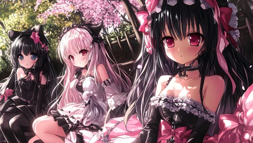 Cherry blossom afternoon gathers three gothic anime friends