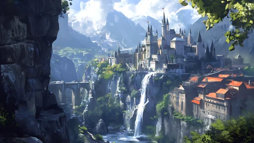 Clifftop waterfall citadel with arched stone viaduct and peaks